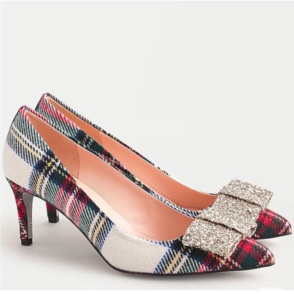 Colette Pumps in Snowy Stewart Tartan with glitter bow detail Sz 7.5 NIB